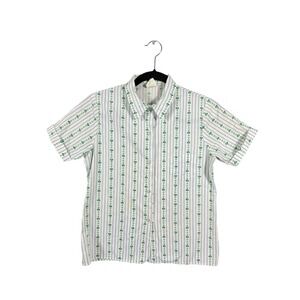 Vintage Girl Scouts Uniform Shirt Blue Green Trefoil Stripe Button Down Top 14